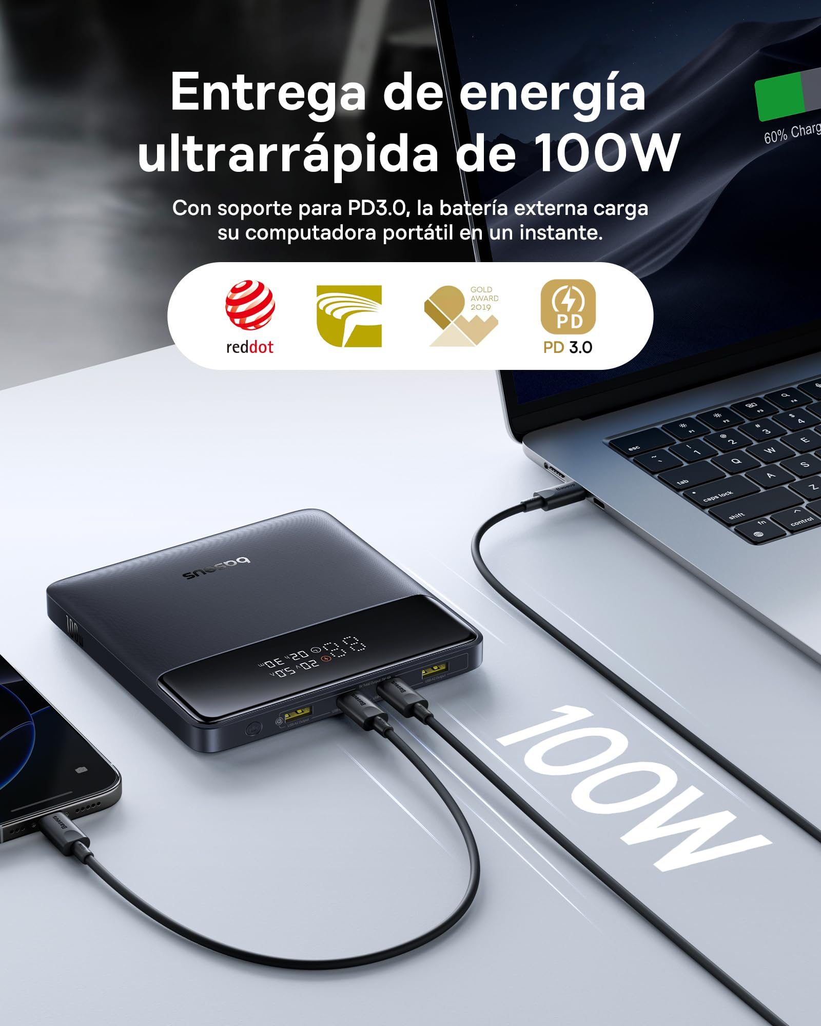 Baseus Powerbank, 20000mAh 100W PD Slim batería Externa QC 4.0 Cargador rápido, Blade H1 USB C para portátiles MacBook iPad, iPhone16 15 Pro MAX, Samsung Galaxy S24 Ultra, Steam Deck,2024 Versión