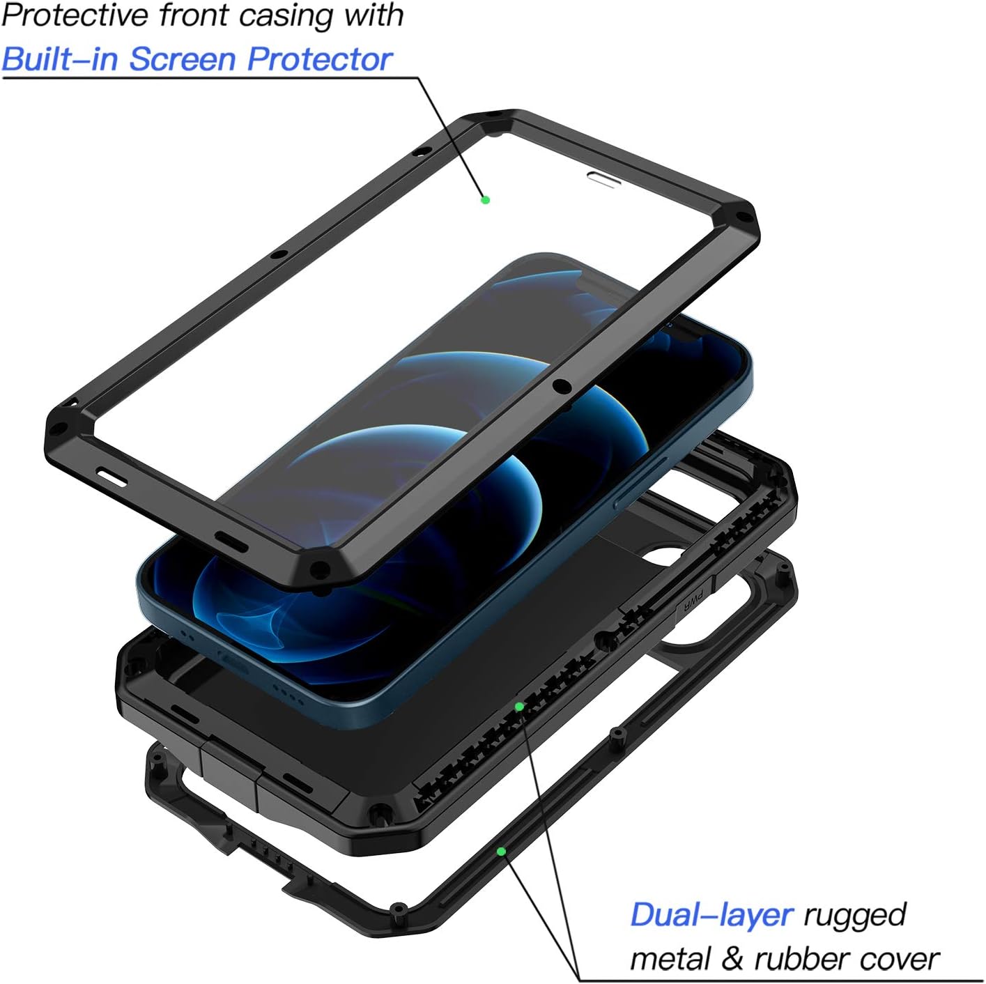 Lanhiem Metal Case for iPhone 12, iPhone 12 Pro, Heavy Duty Shockproof Tough Rugged Case with Built-in Glass Screen Protector, 360 Full Body Dust Proof Protective Cover, Black