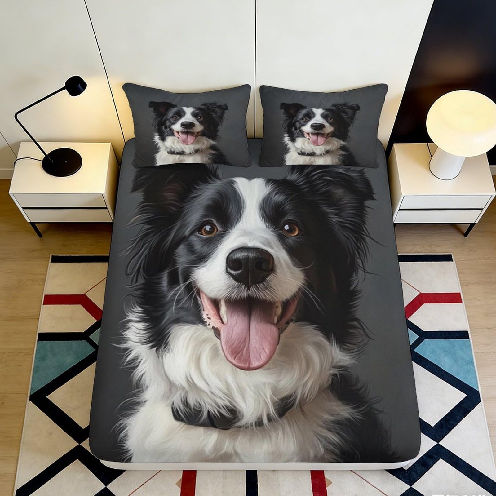 3D Printed Black White Border Collie Fitted Sheet Microfiber Anti-Slip Dog Art Mattress Cover Bedroom Dorm Decor 140x200x25cm
