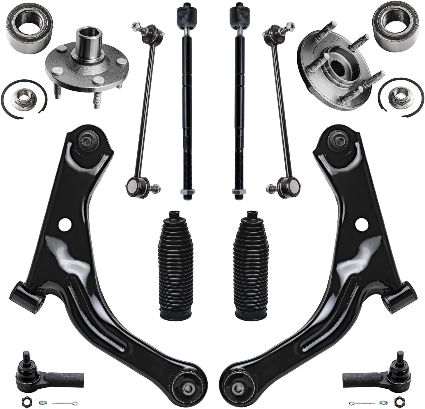 Detroit Axle - Front End 14pc Suspension Kit for 2005-2009 Escape Mariner Mazda Tribute 2 Lower Control Arms with Ball Joints 2 Struts 2 Wheel Bearing Hubs Replacement 2 Sway Bars 4 Tie Rods 2 Boot
