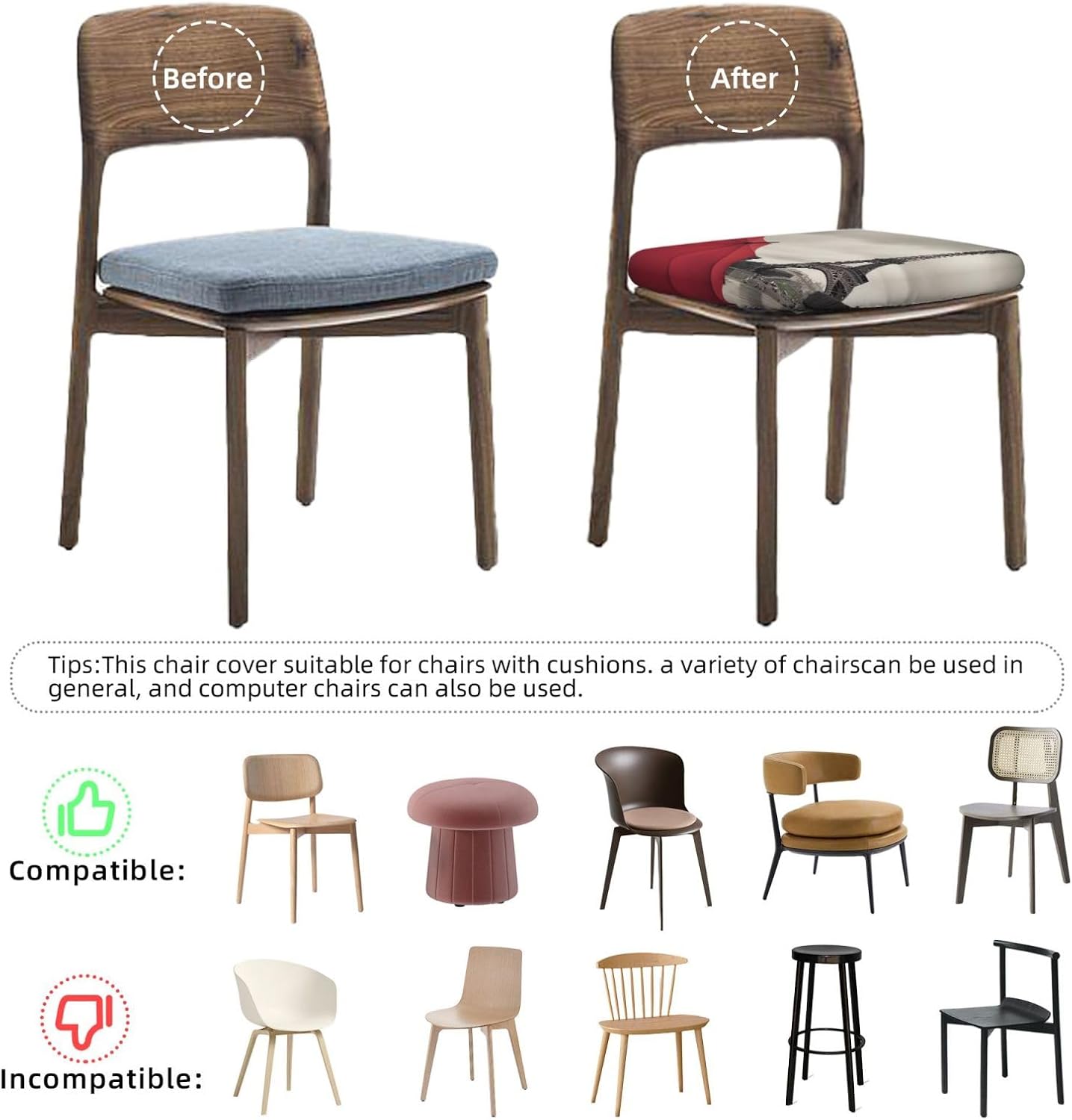 Eiffel Tower with Red Umbrella Print Square Cushion Covers 6 Pcs Set Elastic Non-Slip Seat Cushion Slipcovers Pet Furniture Protectors for Chair, Sofa