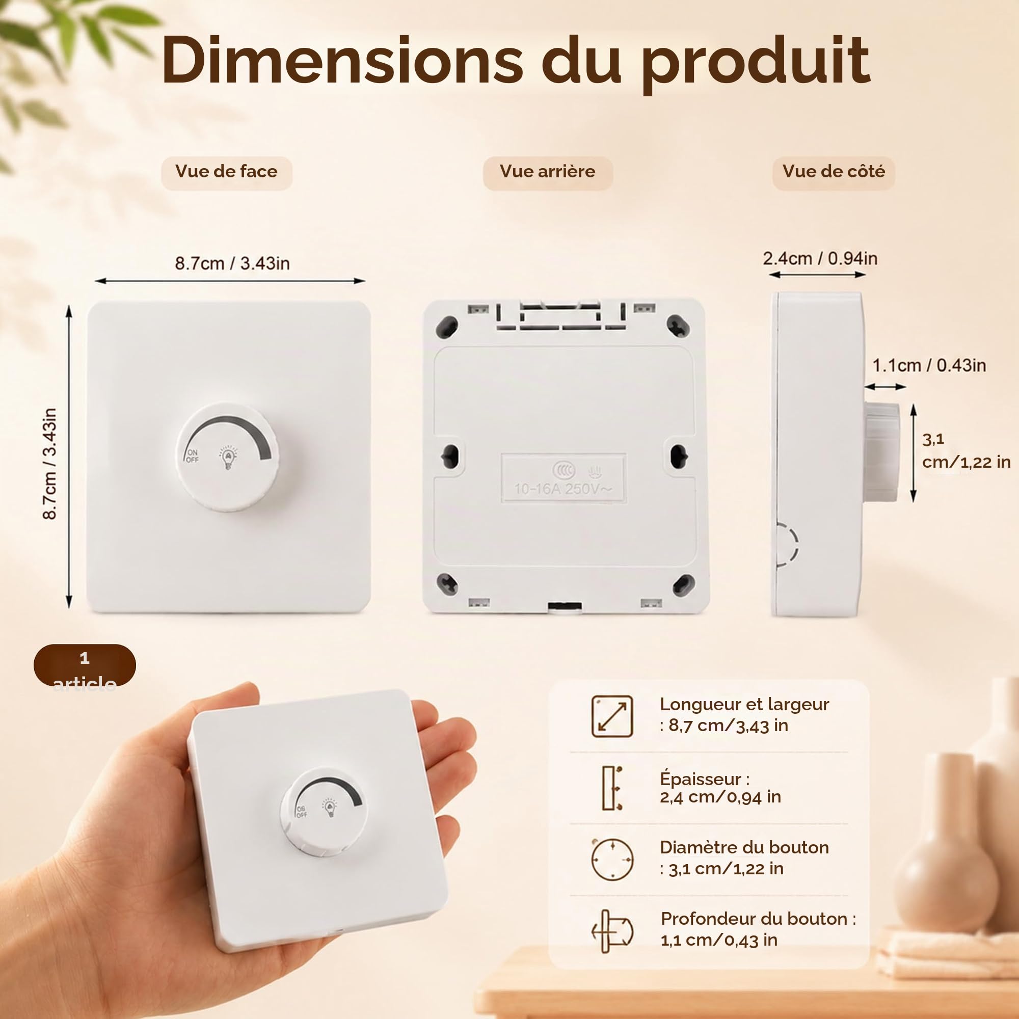 Interrupteur Variateur LED Blanc 87x87 mm, Variateur Lumiere LED avec Interrupteur Rotatif Universel, Interrupteur Dimmable pour LED à Intensité Variable, Réglage Progressif