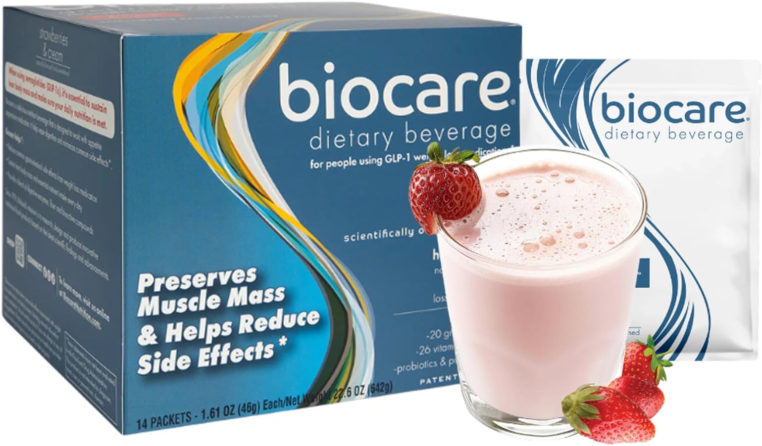 Biocare Nutritional Beverage for GLP-1 Users, Dietary Powder Drink Provides 20g Essential Protein, 26 Vitamins/Minerals, Helps Ease Nausea, Bloating, Constipation, Strawberries & Cream (14 Count)