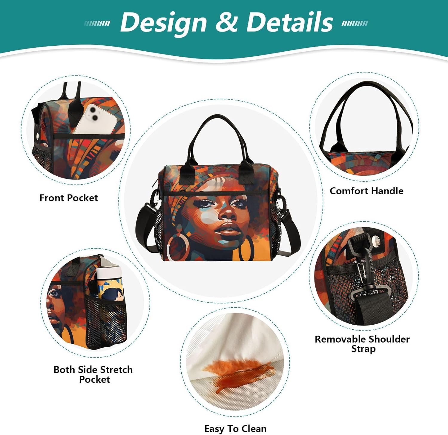 American Woman Abstruct Color Cooler Bag Lunch Box Lunch Bag Reusable Tote Shoulder Bag Insulated Lunch Bag for Outdoor Picnic Camping