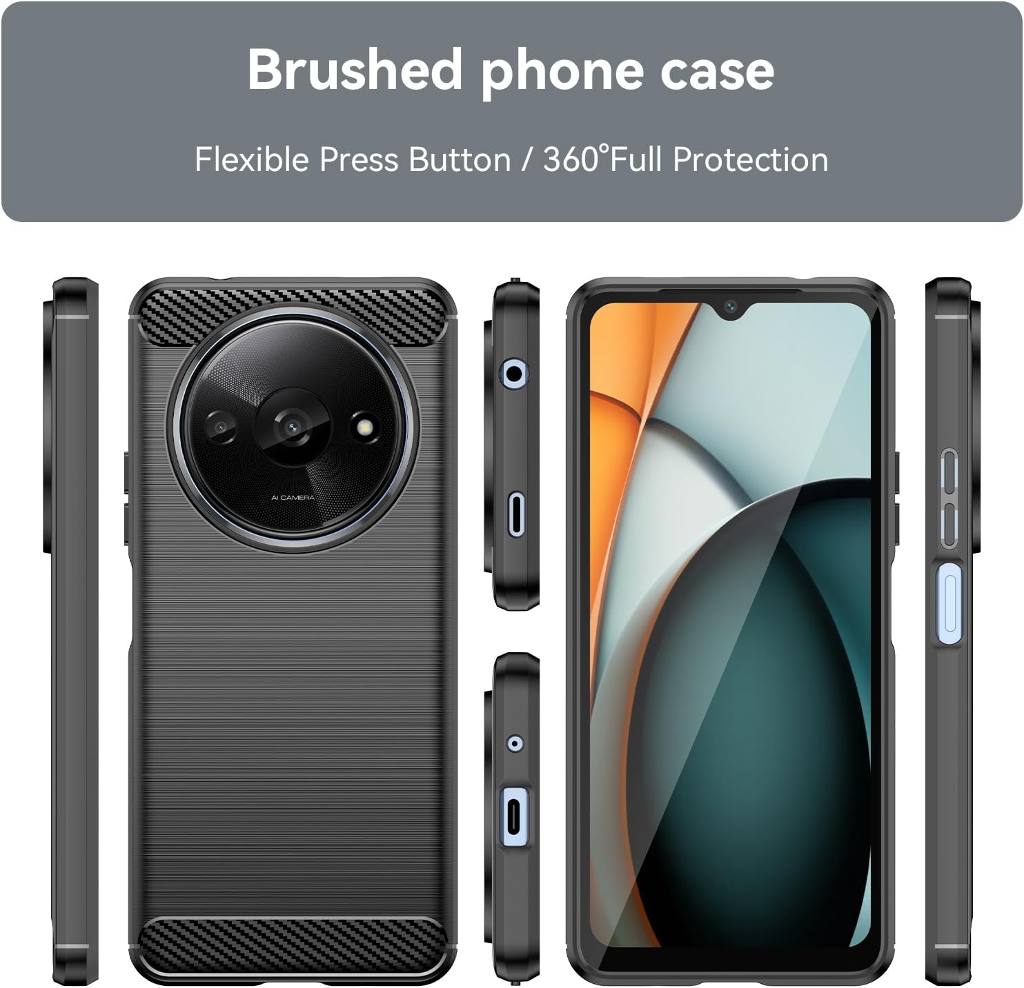 for Xiaomi Redmi A3 Phone case, Shockproof, Scratch Resistant Carbon Fiber Jacket, Soft TPU, for Xiaomi Poco C61 case (Black)