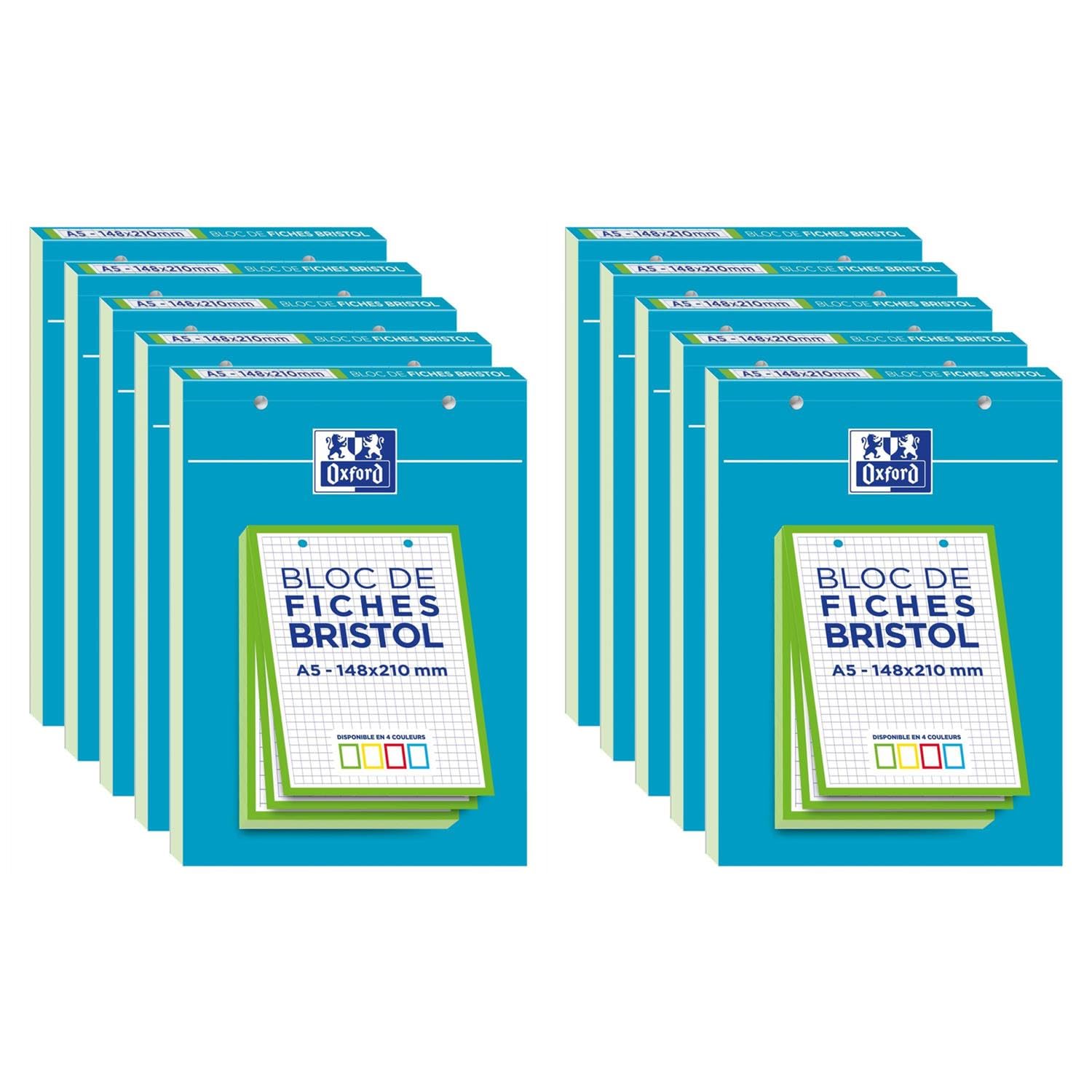 OXFORD Lot de 10 Blocs de 30 Fiches Bristol Perforées 2.0 A5 Q5/5 Bordures vertes