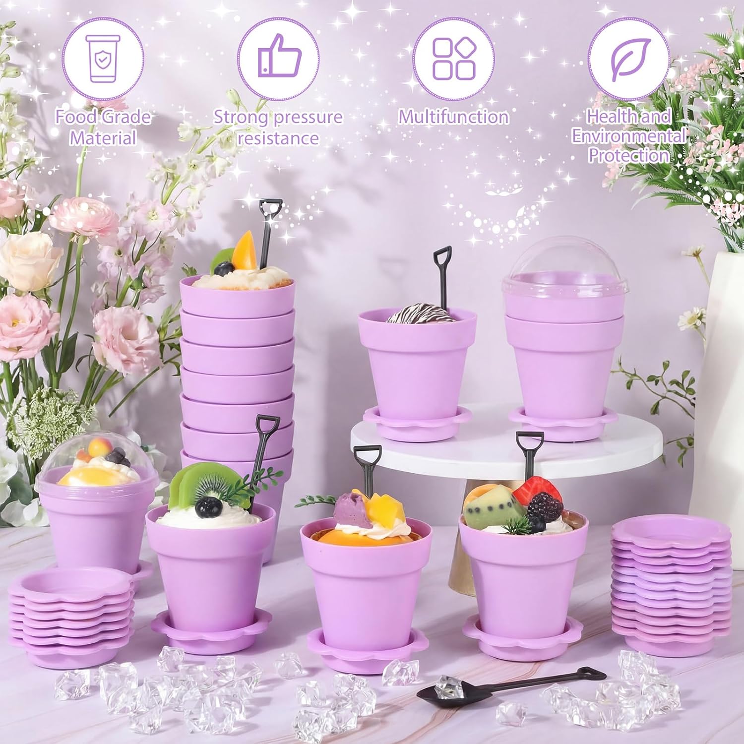 Honeydak 25 Pack Flowerpot Dessert Cup Plastic Cake Cups with Lid Shovel Spoon Mini Flower Pot Dessert Cups Ice Cream Yogurt Cupcake Holder Containers for Birthday Party Supplies DIY Baking (Purple) image 3