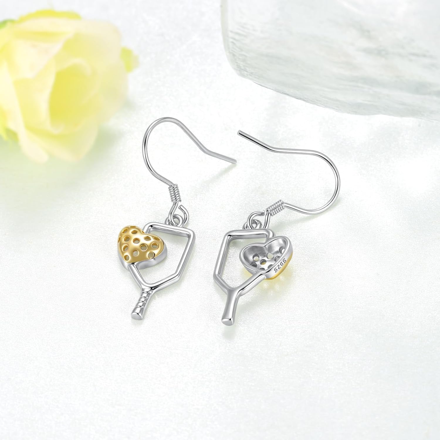 Pickleball Dangle Earrings 925 Sterling Silver - Paddle & Heart Ball Sport Earrings, Gift for Players