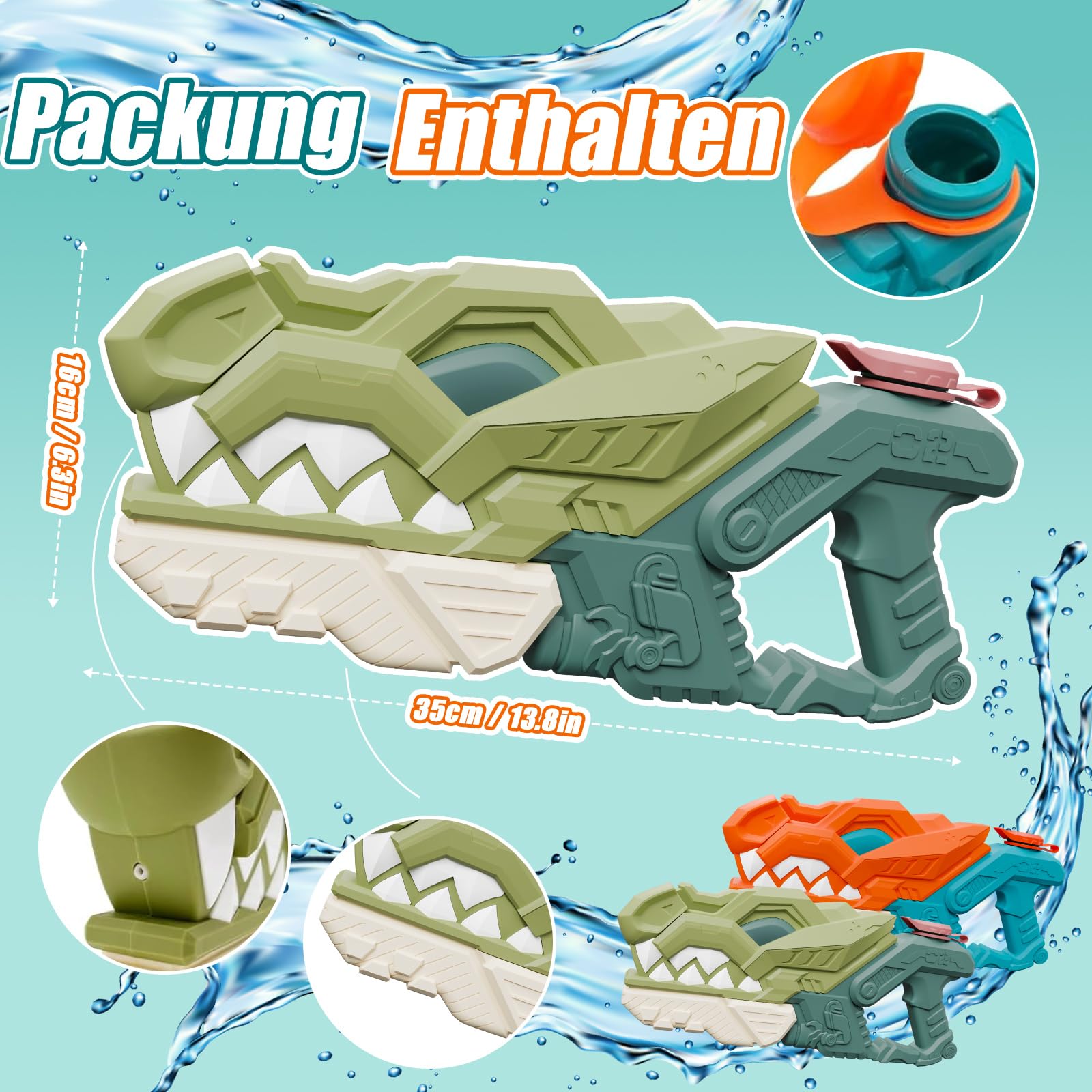 weirtoya 2 Stück Dinosaurier Wasserpistole Kinder&Erwachsene, 580ml Wasserspritzpistole 7-10m Powered Water Gun, Geeignet für Wasserpartys, Poolpartys und Wasserpistolenschlachten