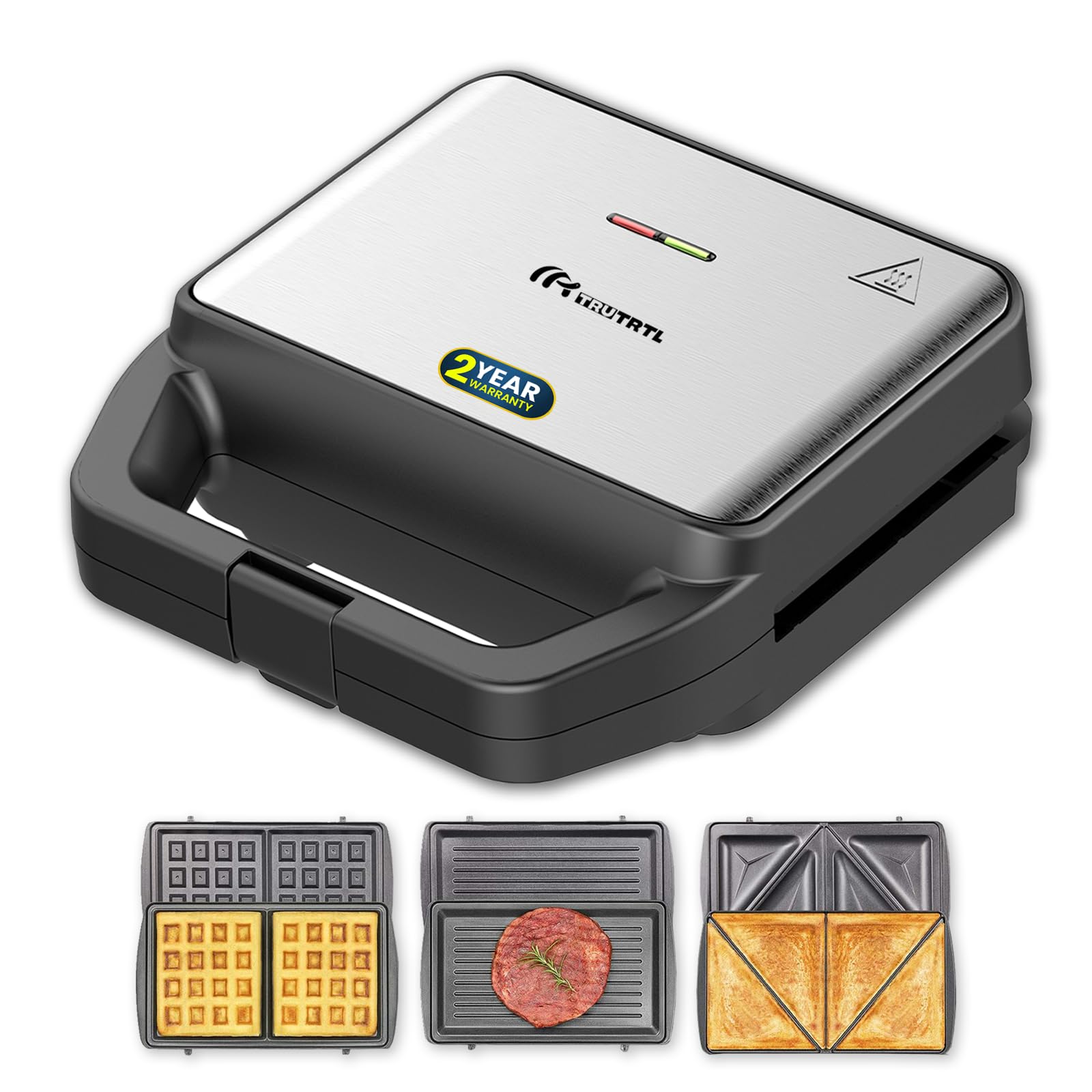 truTRTL 3-in-1 Grill, Sandwich, Waffle Sandwich Maker | Removable Plates with German GREBLON Non Stick coating | 800W | Auto Cut-Off | Silver