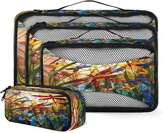 Tiveruda Packing Cubes for Travel Accessories with Double Zipper and Mesh Top 4 Piece Waterproof Flower Dragonfly Glass Print Suitcase Luggage Organizer Bags for Clothes Shoes Cosmetics