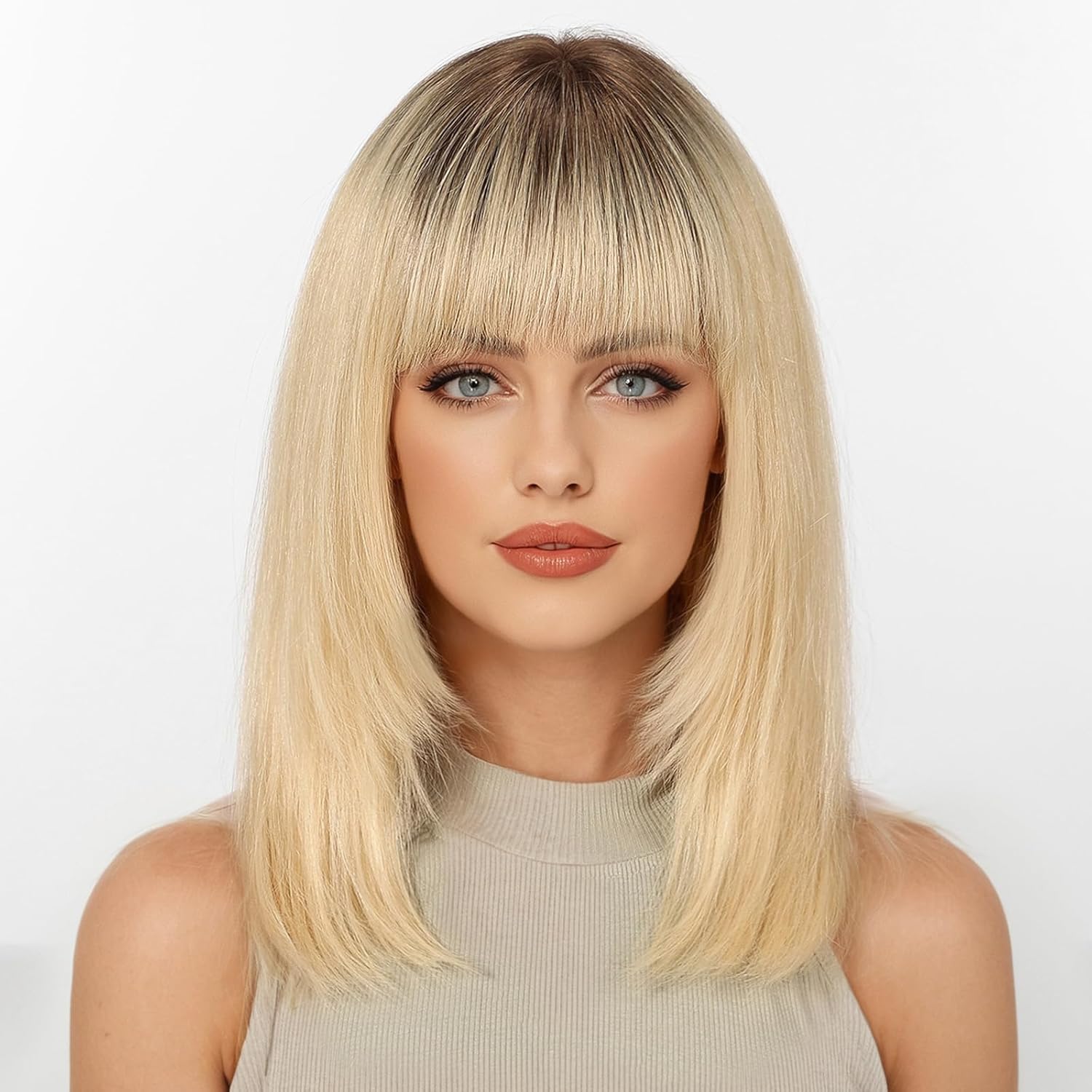 KKU 14 Inch Ombre Gradient Blonde Layered Straight Human Hair Wig with Bangs, Human Hair Wigs for Women, Wear Natural Realism for Daily Use
