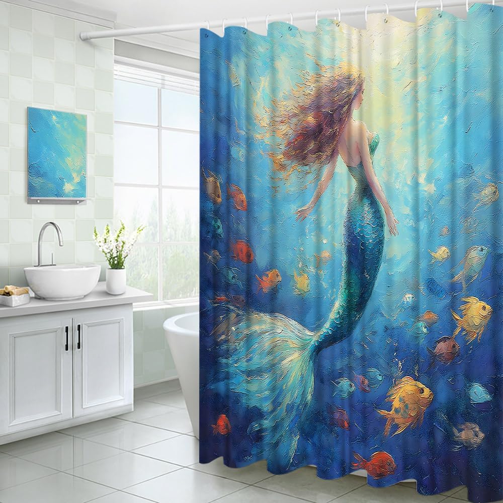 Blue Mermaid Shower Curtain Oil Painting Style Underwater Fish Aesthetic Ocean Fabric Bathroom Decor Curtains with Hooks, 70" Wx84 H