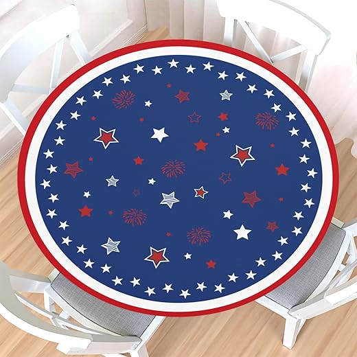 Toalha de mesa redonda de 4 de julho com borda elástica, à prova d’água, vermelha, branca, azul, patriótica, dia da independência, para mesa de 101,6 a 112 cm, toalha de mesa…