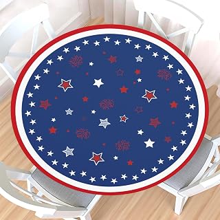 4th of July Round Fitted Tablecloth with Elastic Edge,Waterproof Red White Blue Patriotic Independence Day Memorial Day Table Cover for 40-44" Stretch Table Cloth for Dinner Indoor Outdoor Party
