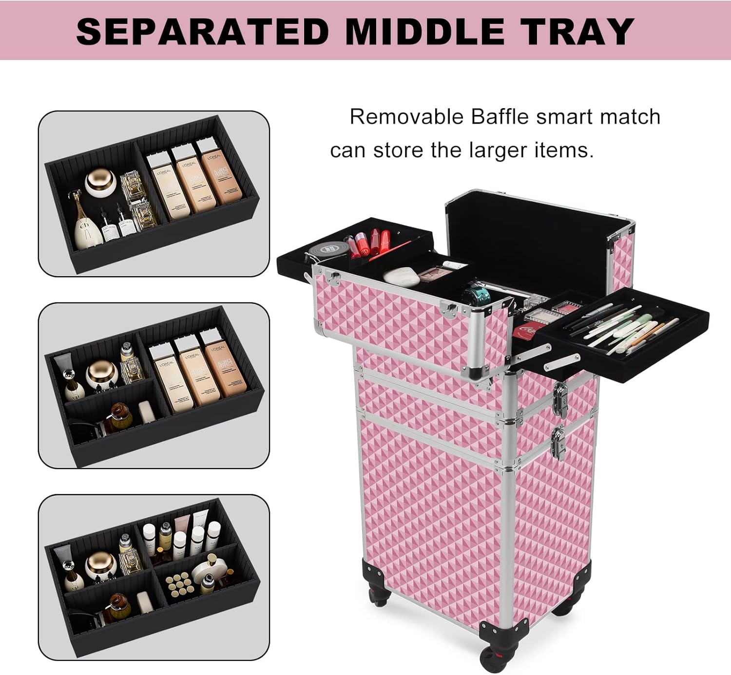 3 In 1 Professional Rolling Cosmetic Case, Cosmetic Trolley Beauty Storage, Large Storage Makeup Train Casewith Keys Swivel Wheels for Artist Travel, Pink, (0079)