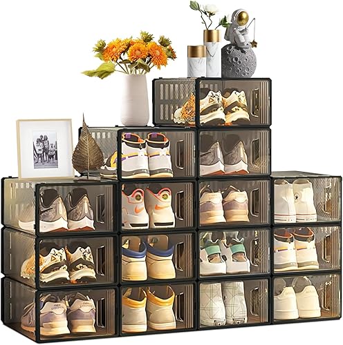 Miniatura 2 de AISNDYOG Caja de almacenamiento de zapatos, paquete de 15 unidades, organizador de zapatos apilable de plástico transparente negro grande para