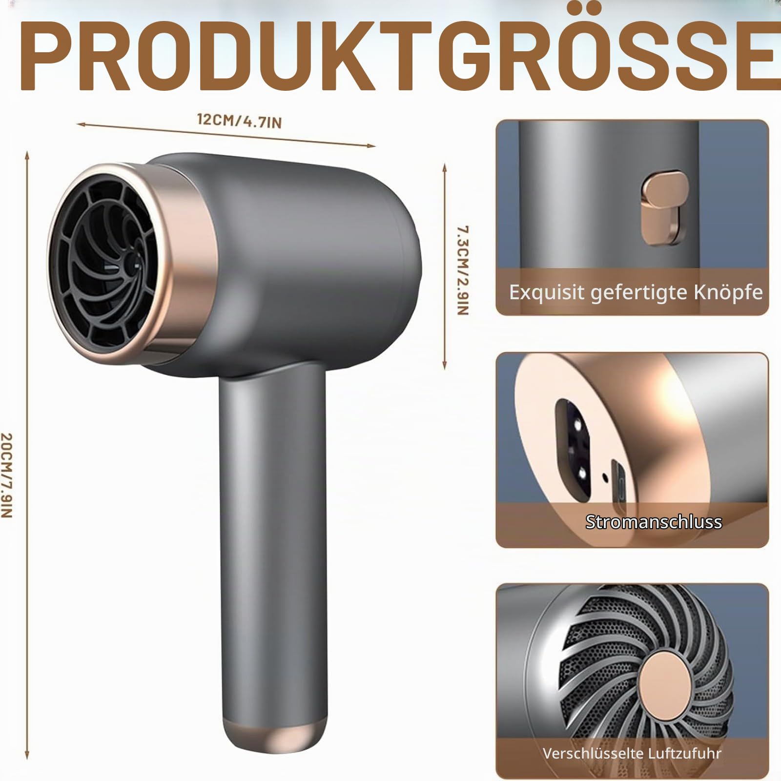 Haartrockner mit Akku, 3 Geschwindigkeits- und Temperaturstufen, USB-aufladbar, kompakt und leicht für Reisen, Camping und Outdoor, Schwarz(EU Standard Dark Gray)