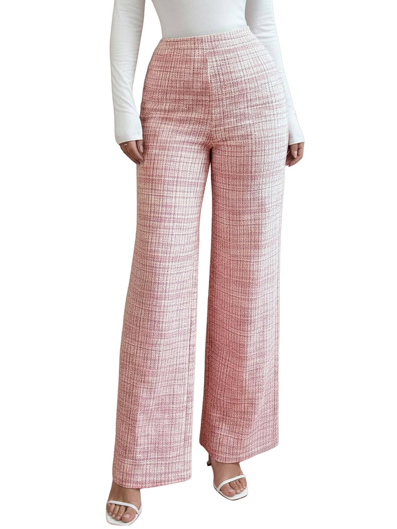 Womens Elegant Plaid Tweed Pants Vintage High Waisted Straight Leg Fall Business Casual Trousers