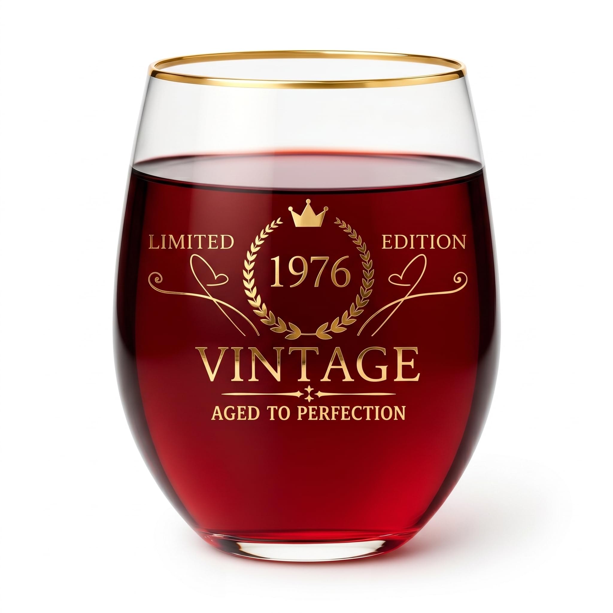 1976 50th Birthday Gifts for Men Women - Vintage Aged to Perfection Wine Glass, 50 Year Old Birthday Presents for Dad Mum Husband Wife, Large Stemless Glass with Real Gold Rim & Engraved Design (1976)