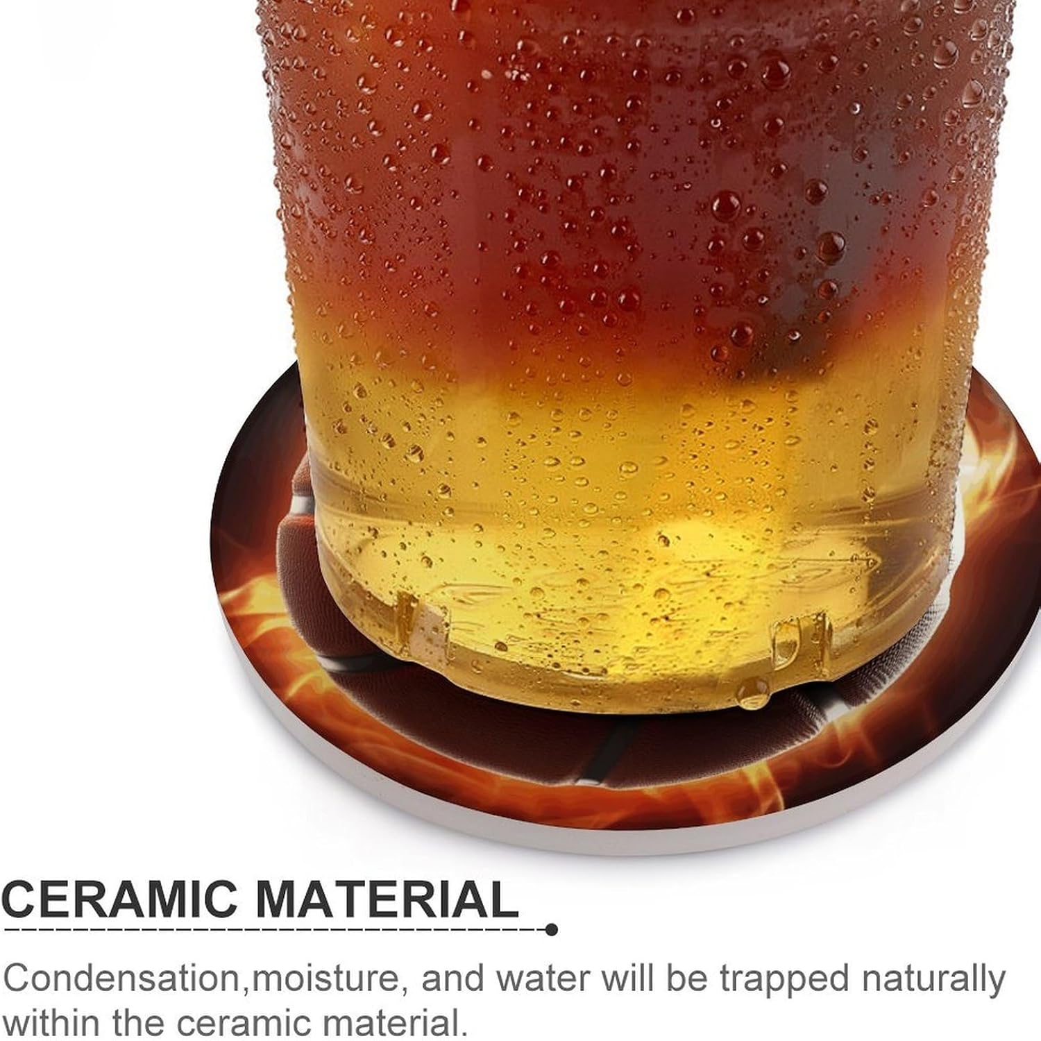 6PCS Basketball On Fire Coasters Non-Slip Round Drink Coasters with Ceramic Stone and Cork Base, Heat Resistant Absorbent 33.00Stone Coaster Set for Kinds of Mugs and Cups, 4 Inch