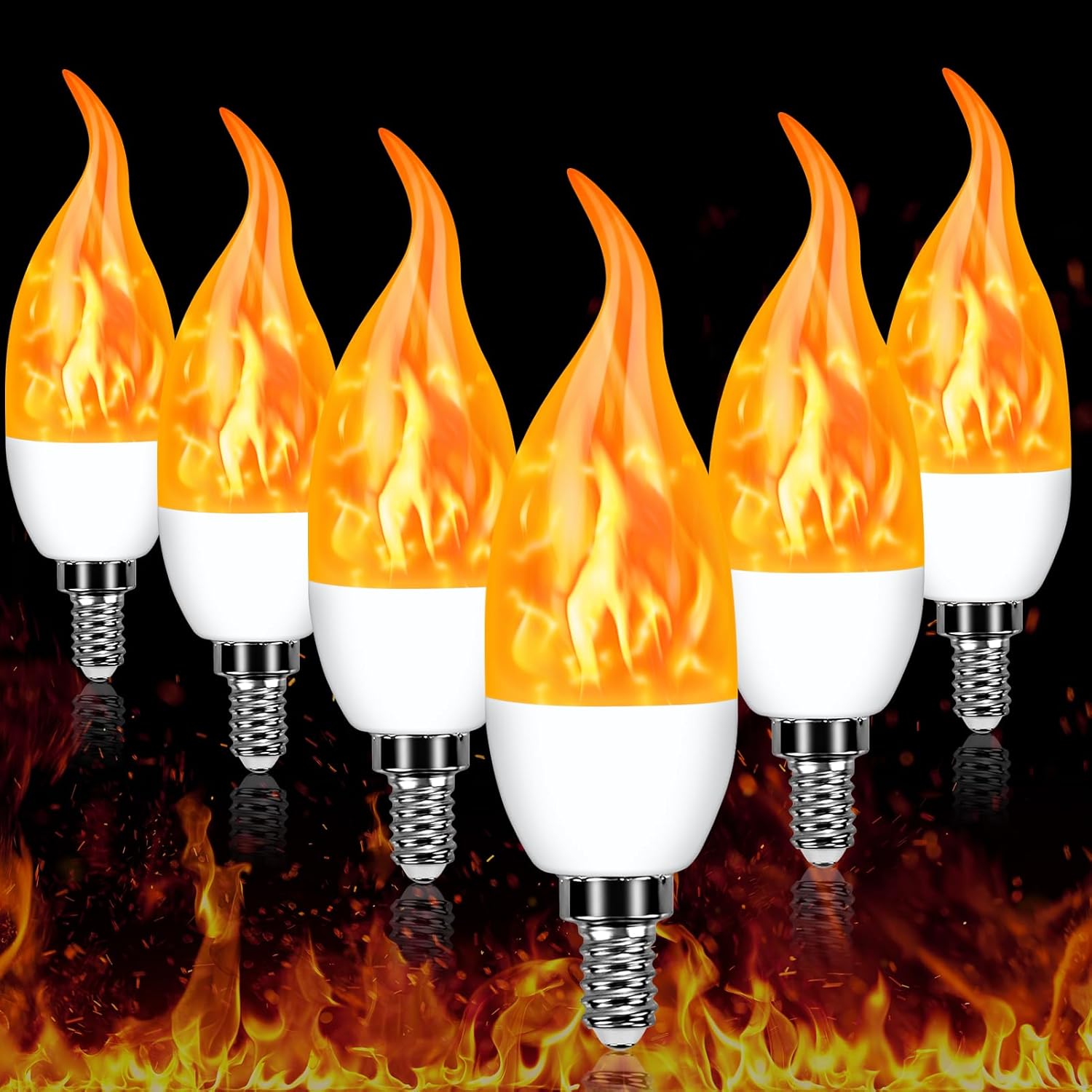 E12 LED Flickering Candelabra Flame Effect Light Bulbs - 3 Modes Flicker Chandelier Candle Fire Gas Lantern Effect Type B Base Small Lights Bulbs for Outdoor Halloween Holiday Decorations (6 Pack) Flame-6pcs