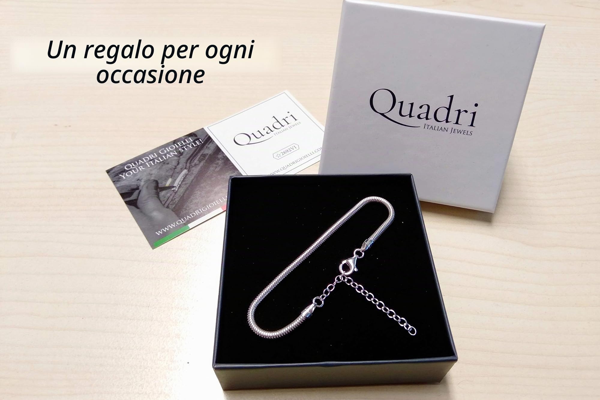 QUADRI - Bracciale in argento 925 - elegante catena Snake idea regalo per uomo donna, larghezza maglia 5 mm - lunghezza 18 cm - Certificato Made in Italy