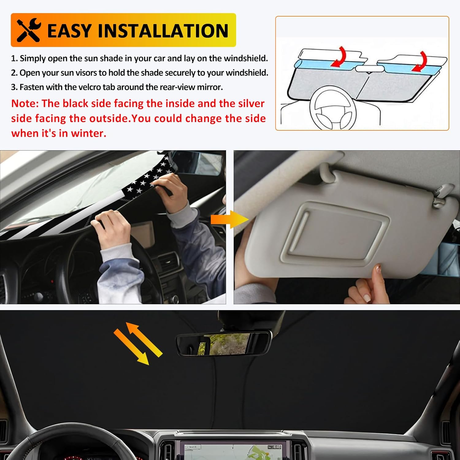 D-Lumina Winshield Sun Shade with USA Flag for 2022 2023 2024 2025 Nissan Frontier, Foldable Front Sun Shield Protector Blocks UV Rays, Window Sunshade Sun Visor Interior Accessories