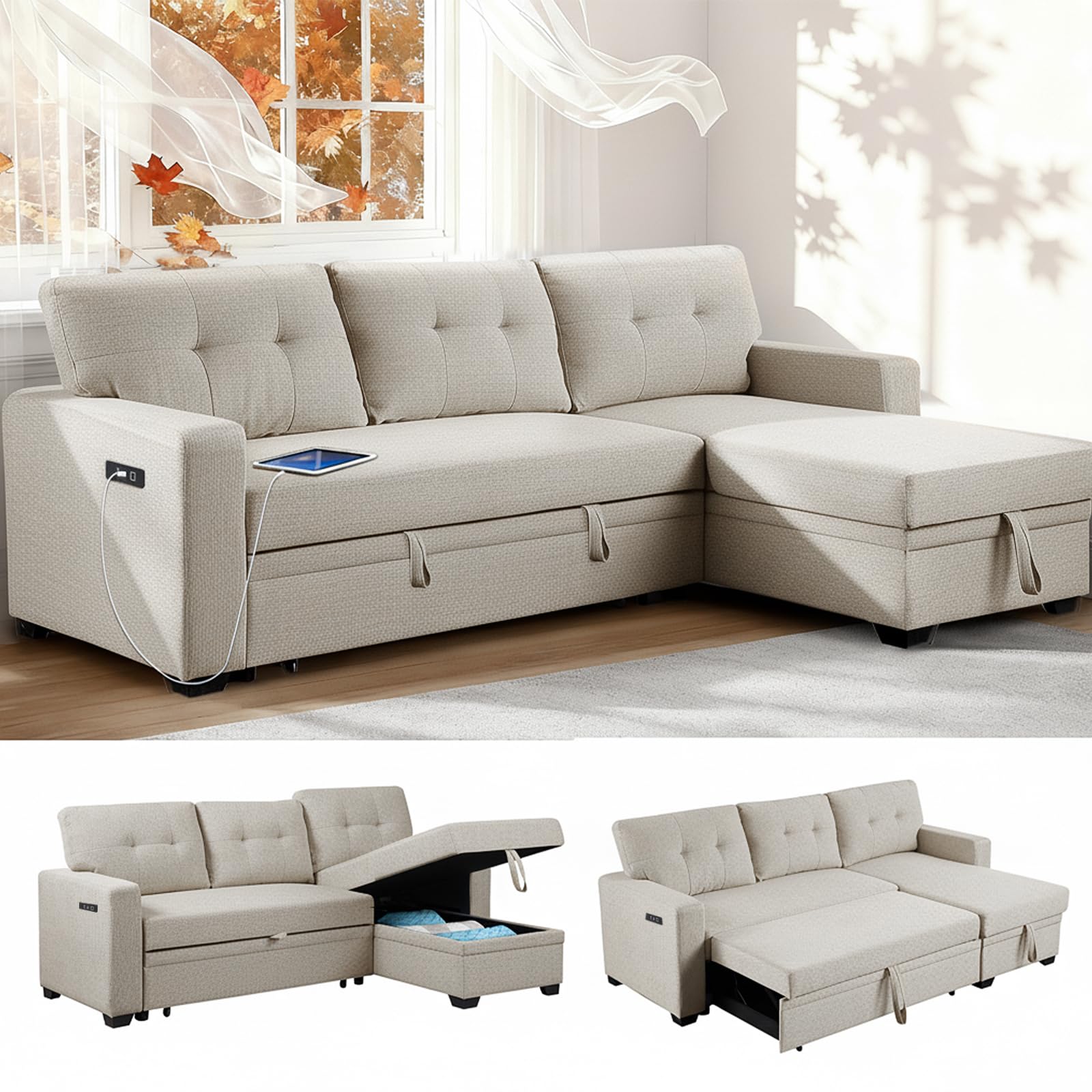 Dreamzie L Shaped Sectional Sleeper Sofa with Storage Chaise, 3 Seater Pull Out Couch for Living Room, Convertible Sofa Bed Couch with Charging Ports