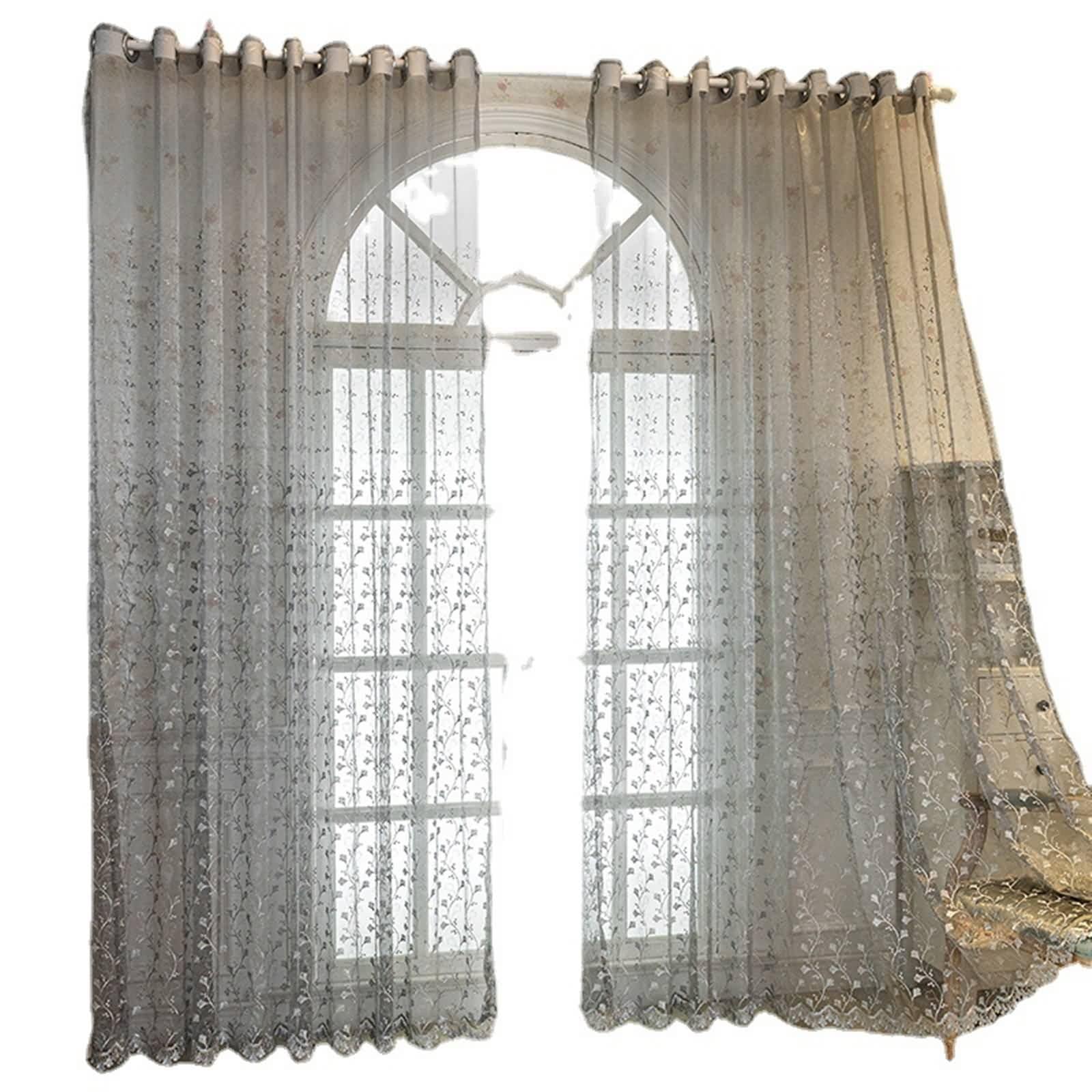 Graue Vorhänge, Küchenvorhang Fenster Modern mit Blumenranken Bestickt Polyester Gardinen Dekorativ für Home 2er Set 107x138cm BxH