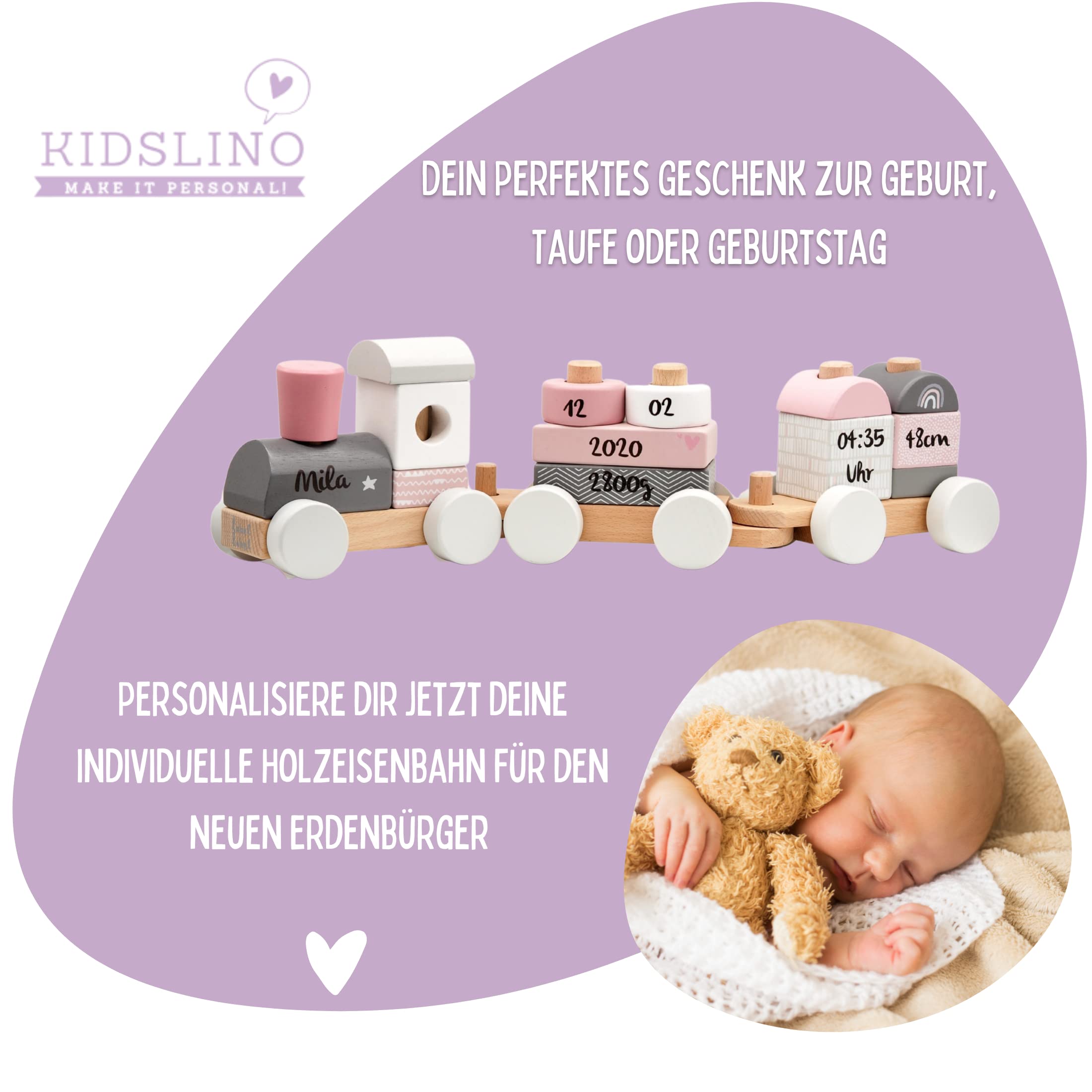 Holz Eisenbahn rosa - personalisierbar I Geschenk zur Geburt Mädchen I Handmade Holzspielzeug mit Steckformen I Personalisierte Geschenke Baby I Holzzug mit Name & Geburtsdaten