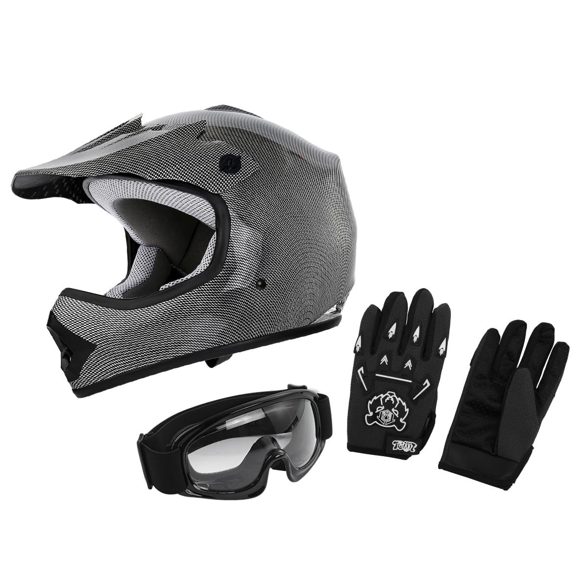 XFMT Dot Youth Kids Motocross Offroad Street Dirt Bike Helmet Youth Motorcycle ATV Helmet with Goggles Gloves (Carbon Fiber, X-Large)