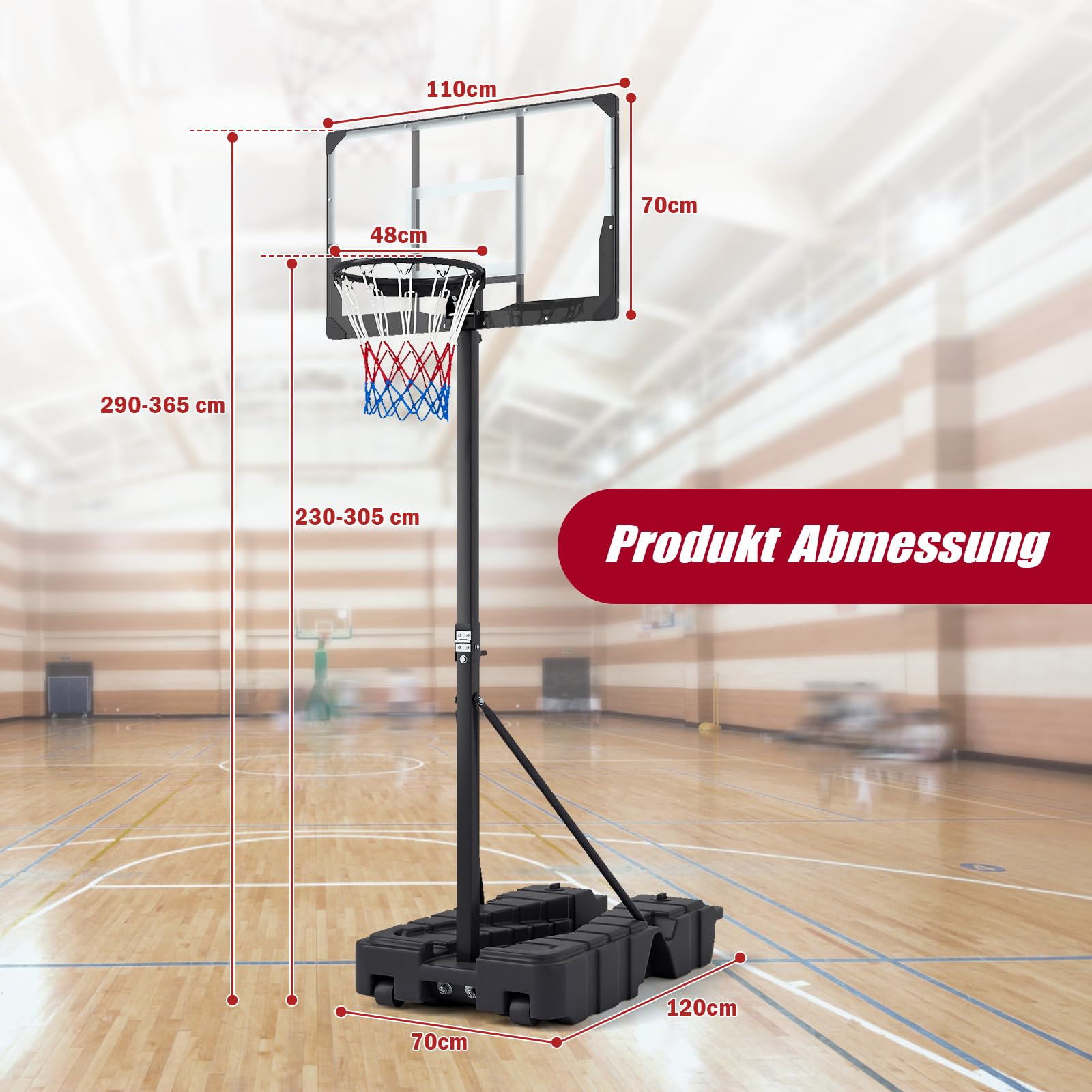 COSTWAY Basketballkorb Outdoor, 130-305cm höhenverstellbar, mobiles Korbsystem mit Ballaufbewahrung