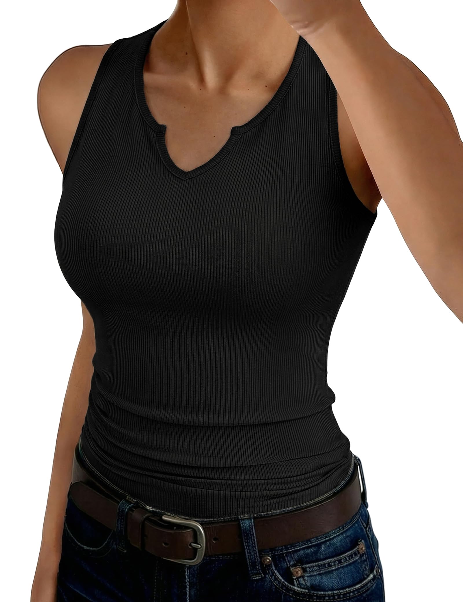 Aottori Tank Top Damen V-Ausschnitt Oberteile Sommer Slim Fit Tanktop Gerippt Sexy Eng Tops Elegant Stretch Basic Shirt Ärmellos Casual Einfarbig