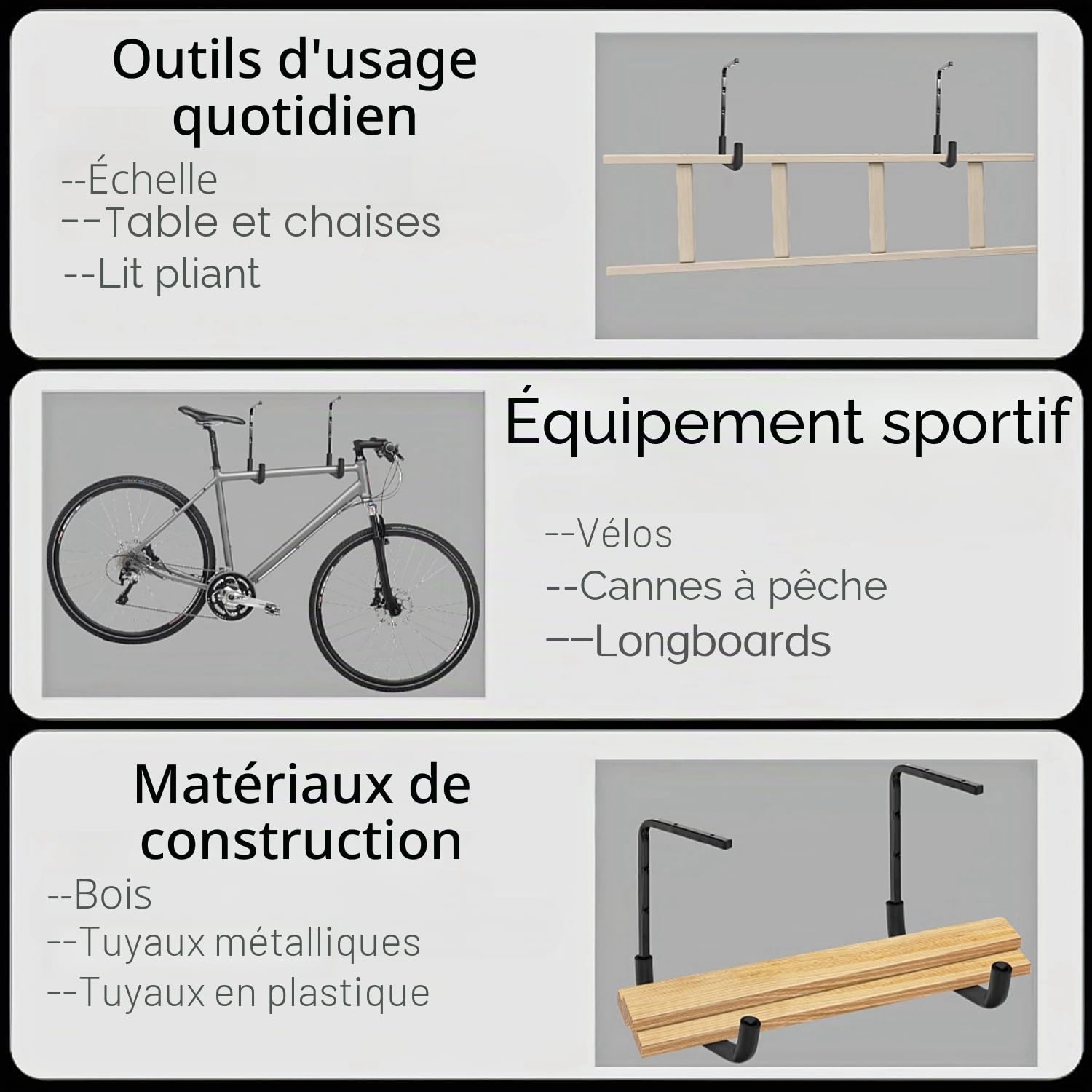 Crochets de garage montés au plafond, étagère de rangement au plafond du garage, crochets pour échelle utilitaire pour bois, vélo, outils (24 x 32 cm) (6)