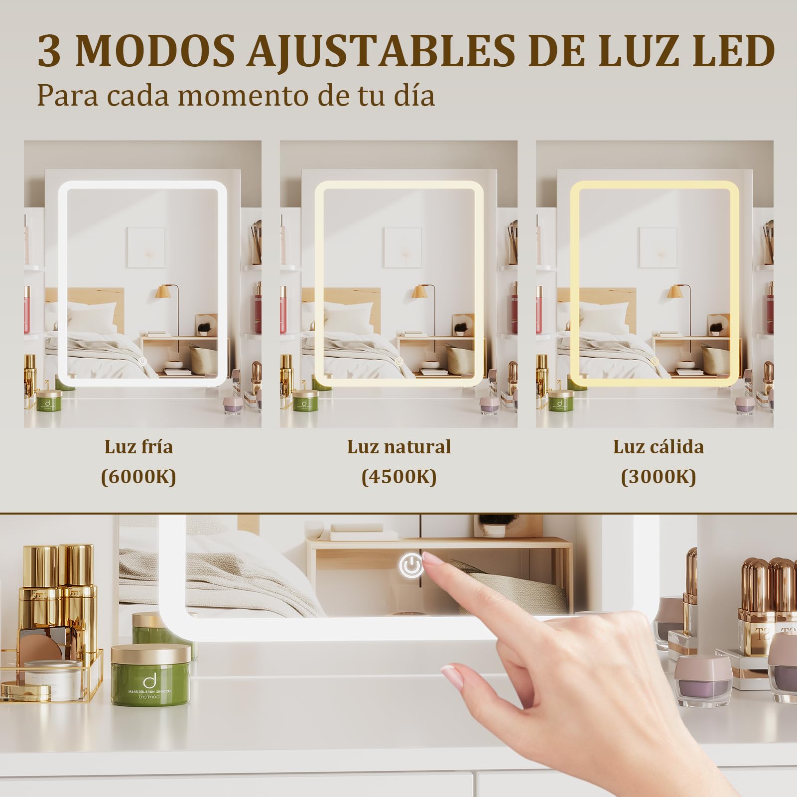 Airfish Tocador de Maquillaje con Espejo LED Regulable, 2 Cajones, 4 Estantes, 90x40x135 cm, Blanco