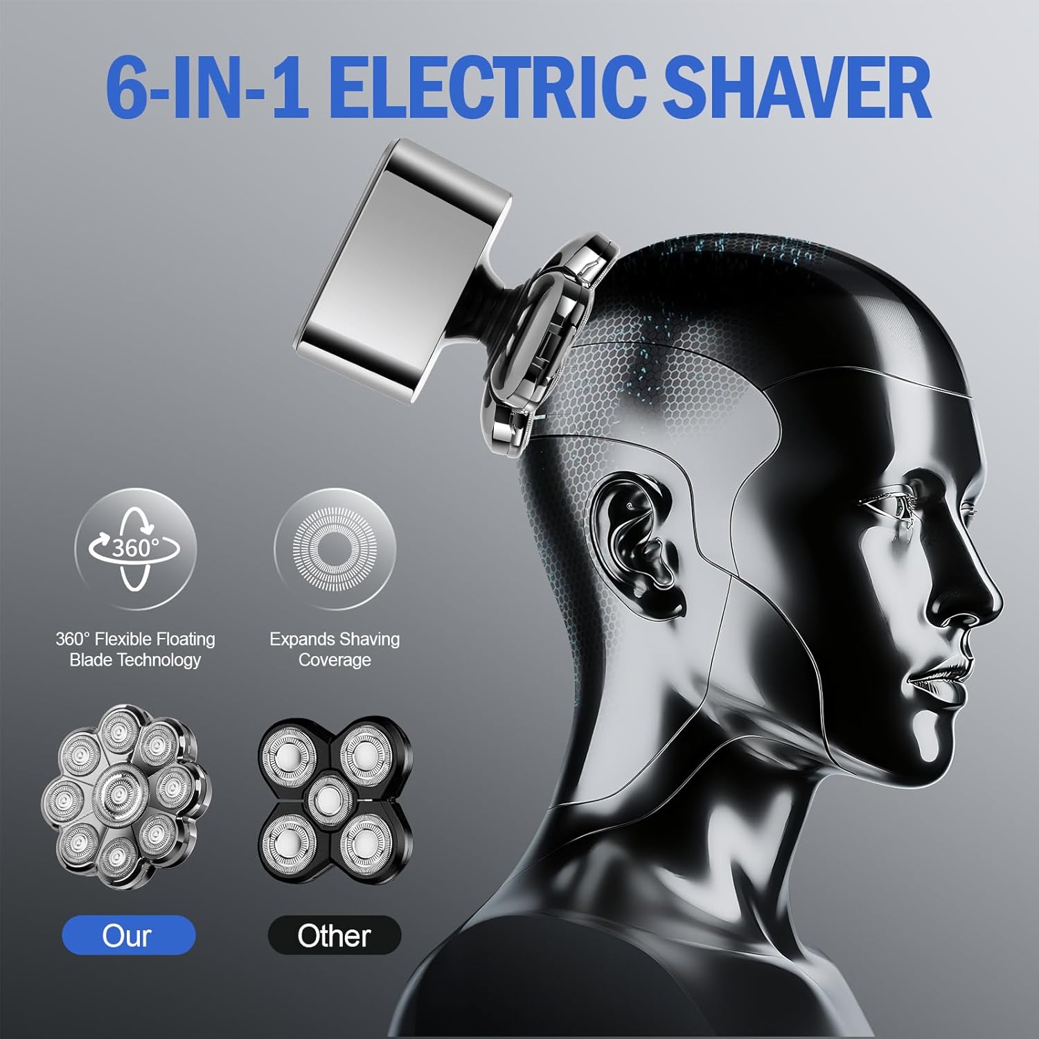Floating Head Shavers for Bald Men - IPX7 Waterproof Electric Razor for Men with Type-C Quick Charge & LED Display - 6-in-1 Multifunctional Grooming Kit for Wet/Dry Shaving - Image 3