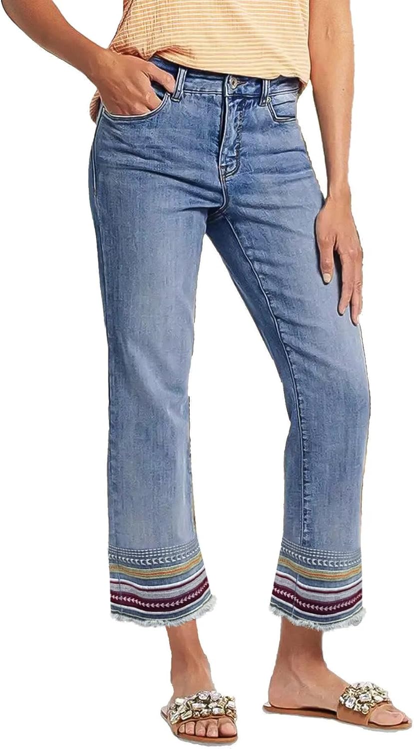 Flamingals Straight Leg Jeans for Women Low Rise Cropped Jeans Wash Embroidery Raw Hem Denim Pants