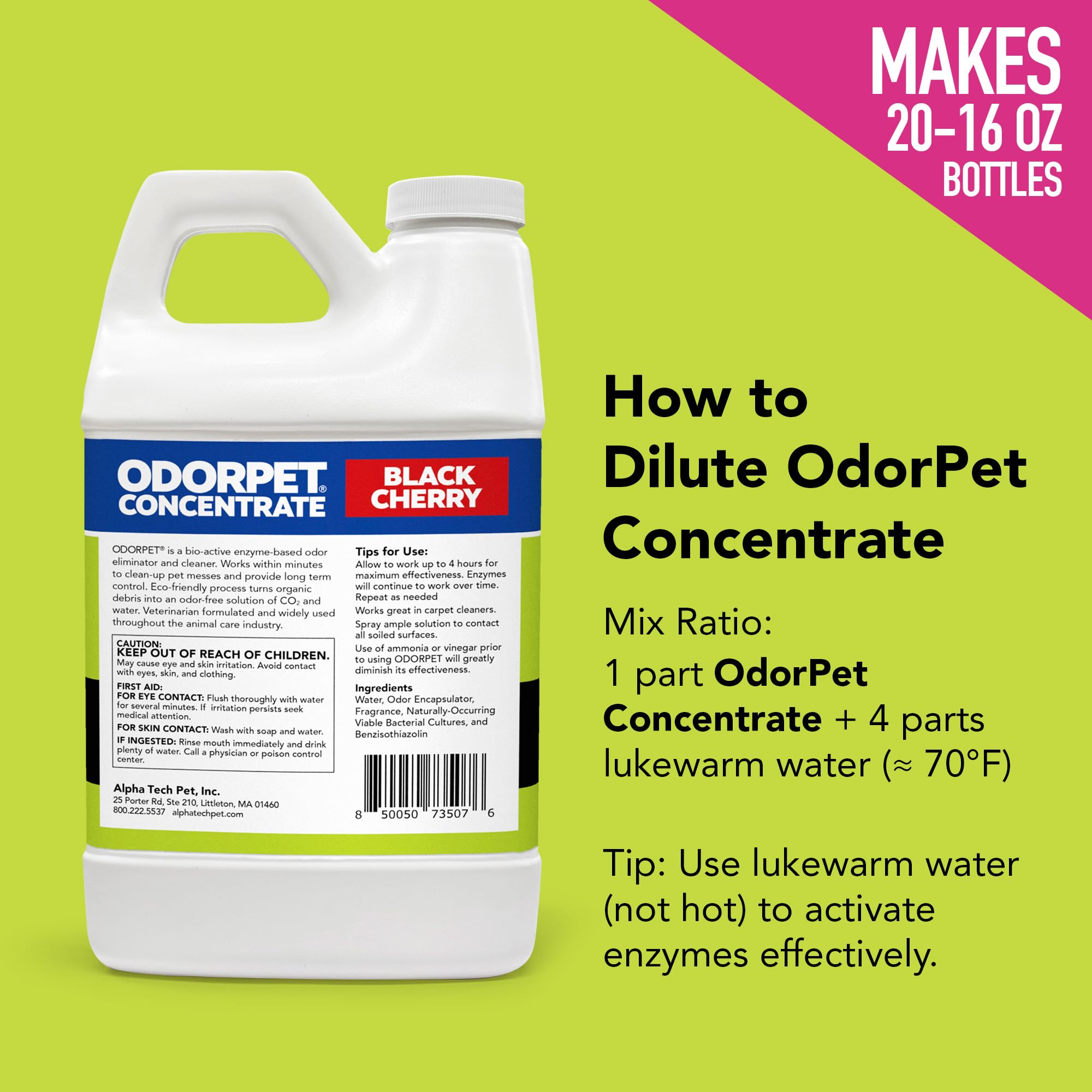 OdorPet Alpha Tech Pet - Eliminador Concentrado de Manchas y olores, 64 onzas (Hace 2.55 galones de solución de Trabajo), eliminador de olores de Mascotas con Aroma a Cereza Negra para alfombras,