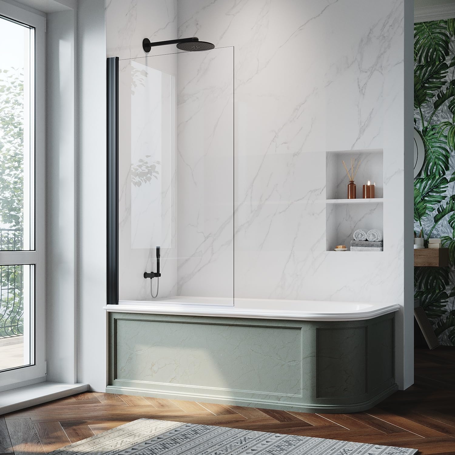 ZANOFIRA 800 x 1400mm Black Pivot Bath Screen 6mm Toughened Glass Shower Screen Hinged Door with 90° in & Out Pivot & Lift System Reversible Installation