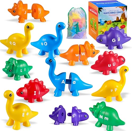 26 dinosaurios a juego del alfabeto, juguetes de aprendizaje para niños pequeños, letras de color a juego Montessori juguetes para niños de 3 a 5