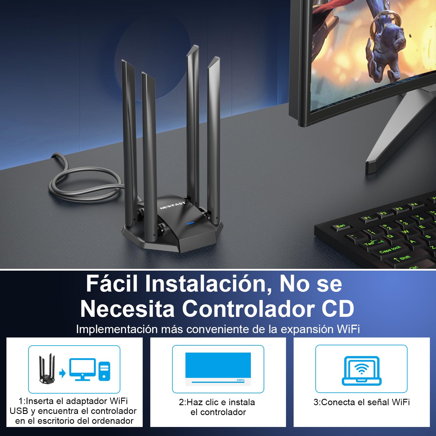 NEWFAST 1300Mbps Adaptador WiFi USB, Banda Dual AC1300 Antena Wi-Fi USB para PC USB 3.0 4x6dBi Externa Ajustable，5Ghz/2.4Ghz, MU-MIMO, Compatible con Win 11/10/8/8.1/7/XP