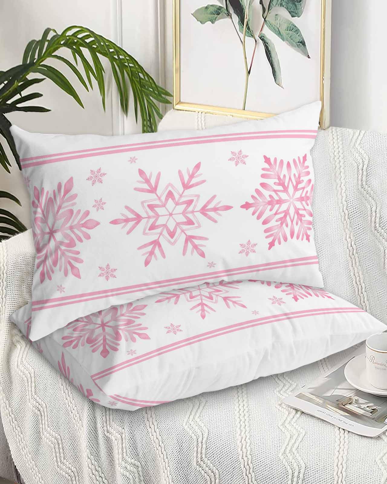 Standard Size Pillow Cases Set of 2 - Pink Snowflake Christmas Microfiber Soft Pillowcases with Envelop Closure, Xmas Winter Snowflake Pink Striped