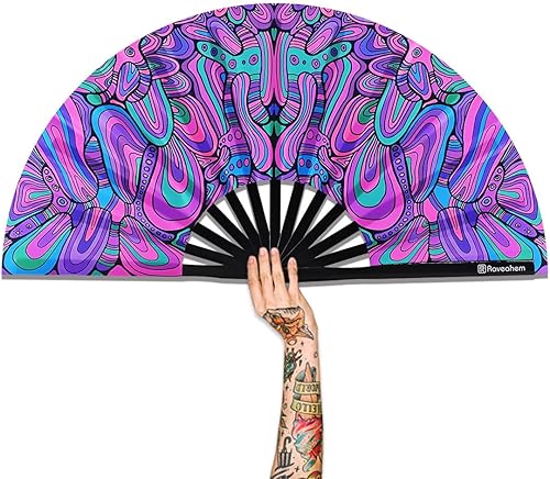 Miniatura 15 de Abanico Plegable Grande, Abanico Rave Clack de 13 Pulgadas, Abanico de Mano para Mujeres y Hombres con Tela de Satén Premium, Marco de Bambú Grueso