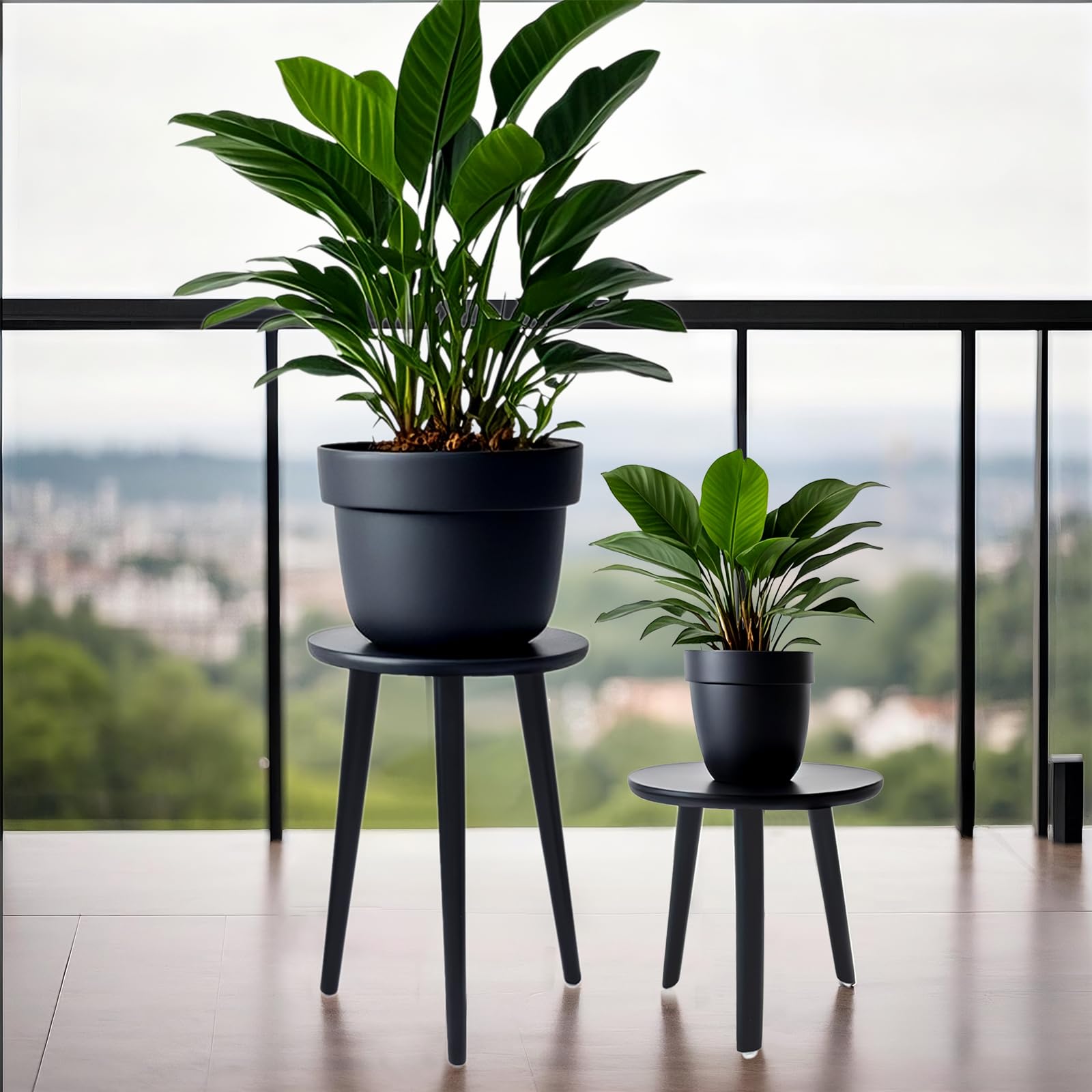 Hniuyun 2 Pack Indoor Plant Stand - Wooden Table for Flower Pots Modern Home Decor, Two Different Sizes, Black - Image 4
