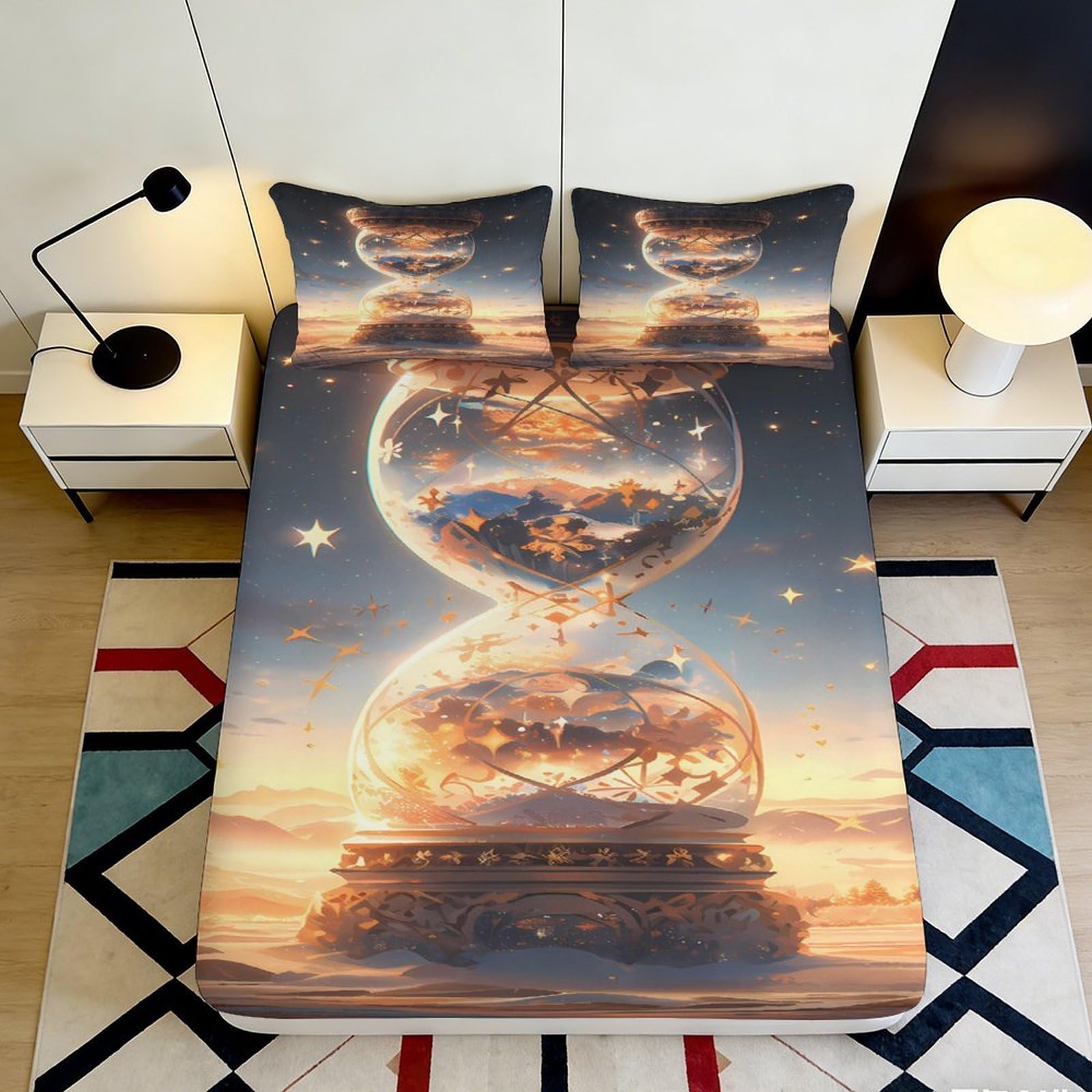 3D Printed Hourglass Sunset Fitted Sheet Microfiber Soft Decorative Fantasy Stars Bed Cover for Bedroom Guest Room 90x200x25cm