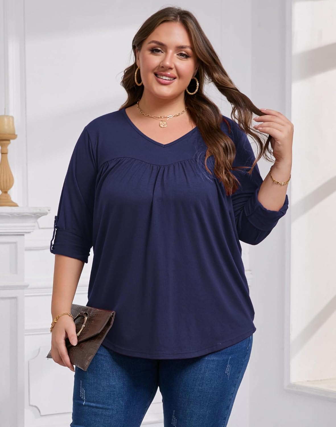 Plus Size Tops for Women 3/4 Sleeve Tops V Neck Blouses Summer Loose Fit Tunic Blouse(1X-4XL) - Image 7