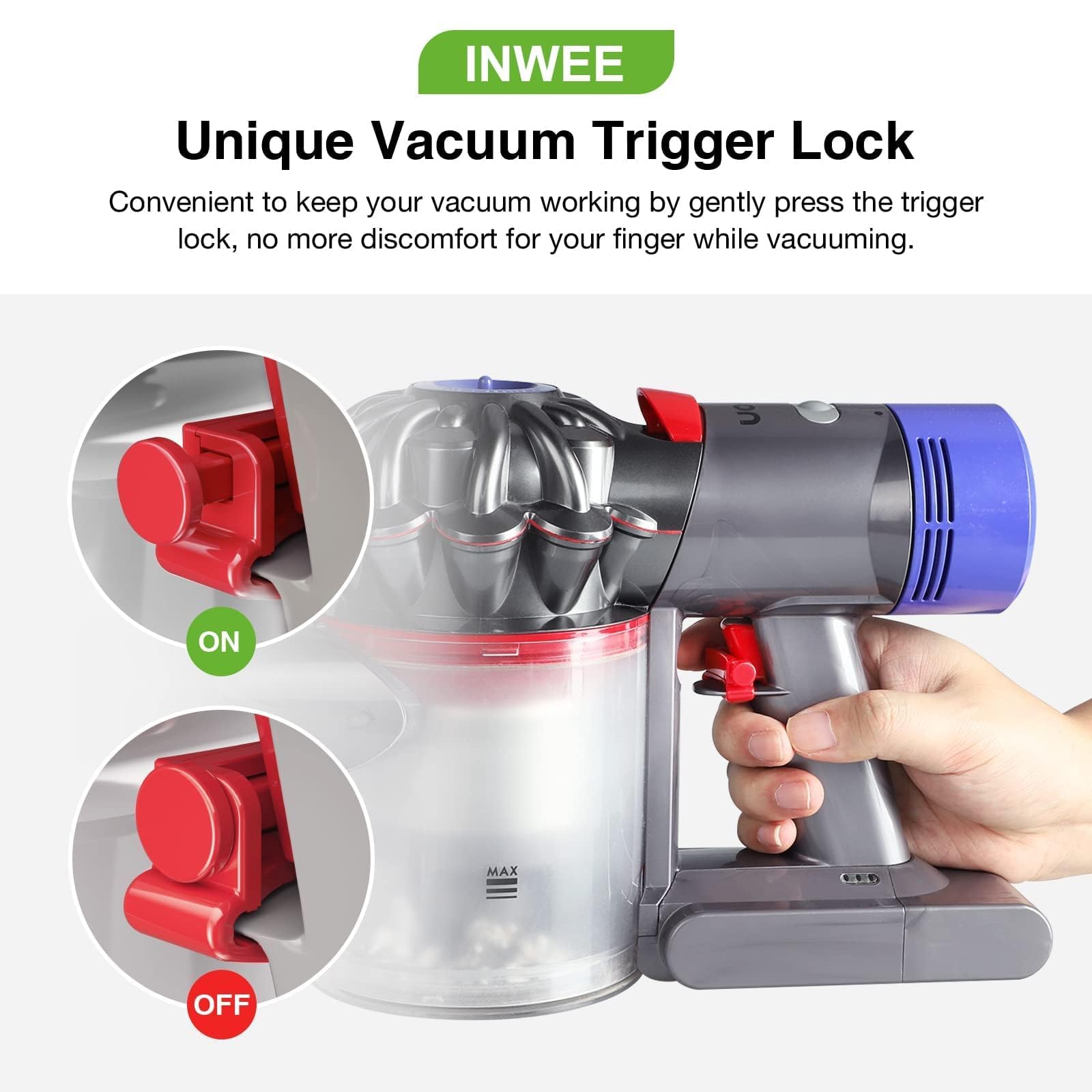 2Sztuki Blokada spustu dla odkurzacza Dyson, blokada przycisku zasilania, uchwyt przełącznika dla Dyson V15 V11 V10 V8 V7 V6 Absolute/Animal/Motorhead Vacuum Cleaner, nie trzeba trzymać wciśniętego przycisku (nie dla Outsize)