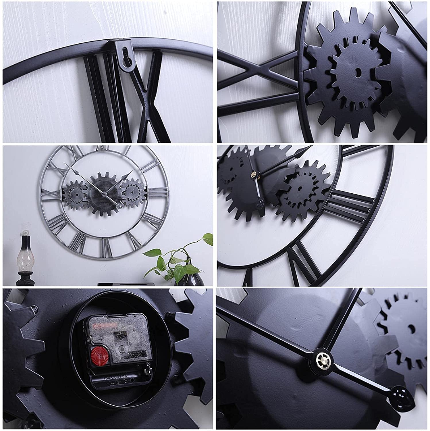 XJBTBA Reloj de Pared Grande con Engranaje Retro Romano, Redondo, de Metal, silencioso, sin tictac, Funciona con Pilas, 22.8 in, Reloj de Pared Industrial Grande para Sala de Estar, Dormitorio,
