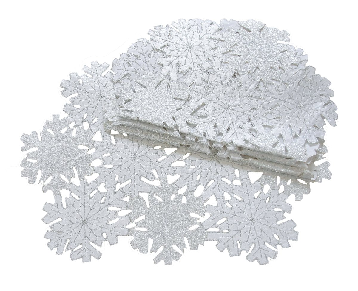 Xia casa Modas Brillo Copo de Nieve Bordado Collection Cutwork Navidad manteles Individuales, 14 de 50,8 cm, Juego de 4